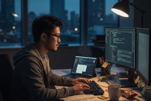 Programador a analisar código com calma e concentração (deep work).