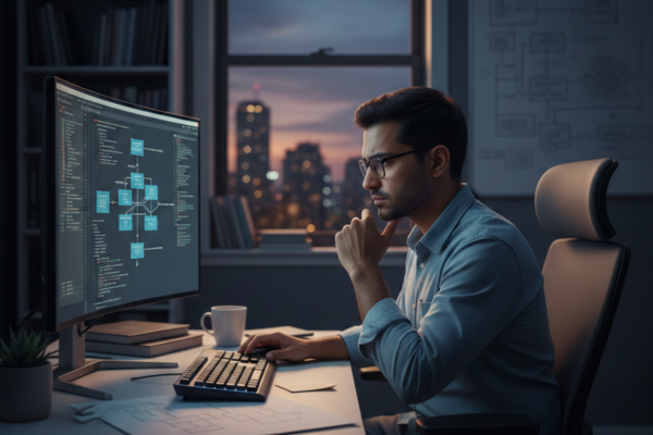 Mentor orientando jovem profissional de tecnologia sobre competências sociais.